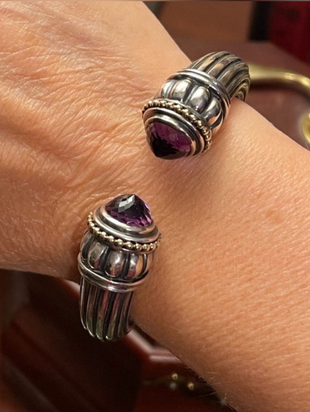 Vtg Sterling Silver 18K Yellow Gold Faceted Amethyst LAGOS Hinged Cuff Bracelet